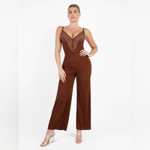 Popilush Lace Deep V-Neck Wide-Leg Shapewear Slip Jumpsuit